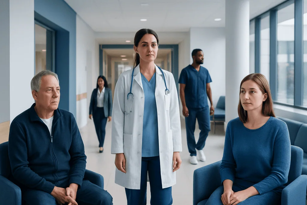 Pseudoephedrine: A Complete Medical Overview 1 Medical team consulting with patients in hospital corridor.