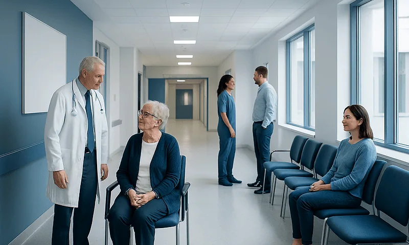 Doctor consulting with elderly patient in hospital corridor.