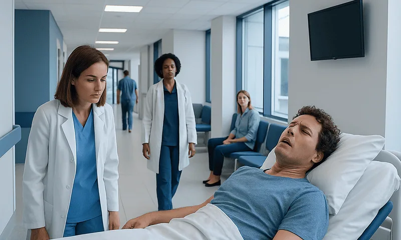 Hospital staff attending to a patient in a medical ward.