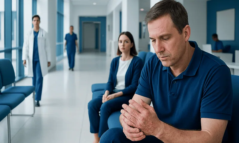 Patient with hand pain in hospital corridor for psoriasis treatment.