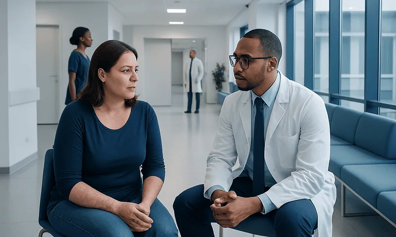 Doctor consulting with a patient in a modern hospital corridor.