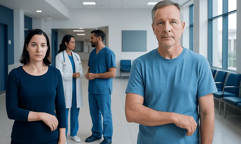 Medical professionals and patient in hospital corridor at Acibadem Hospitals Group.