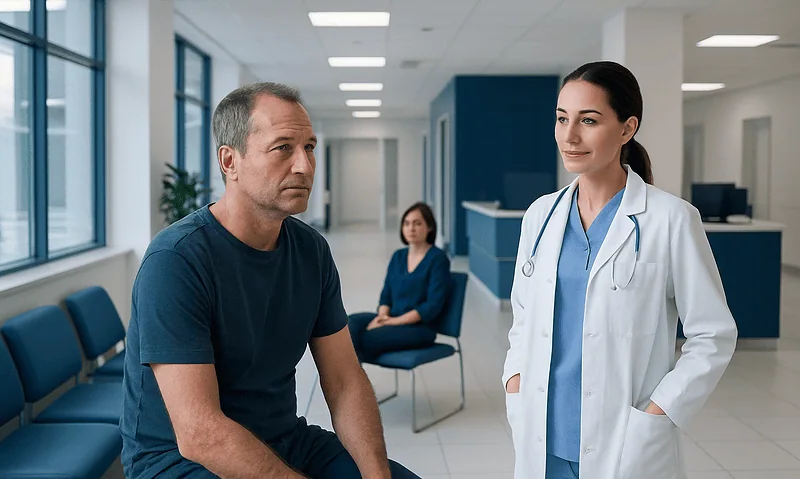 Doctor consulting a patient in a modern hospital corridor.
