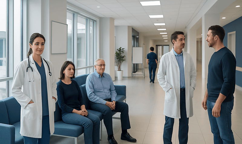 Medical team and patients in a hospital corridor.