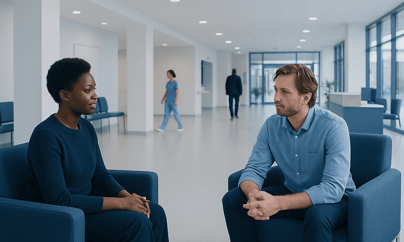 Therapist and patient in a counseling session at Acibadem Hospital.