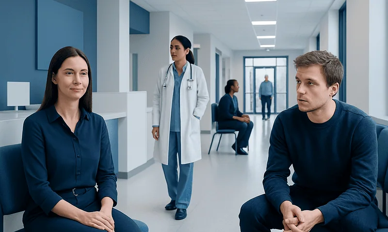 Patients and doctor in a hospital corridor, healthcare setting.