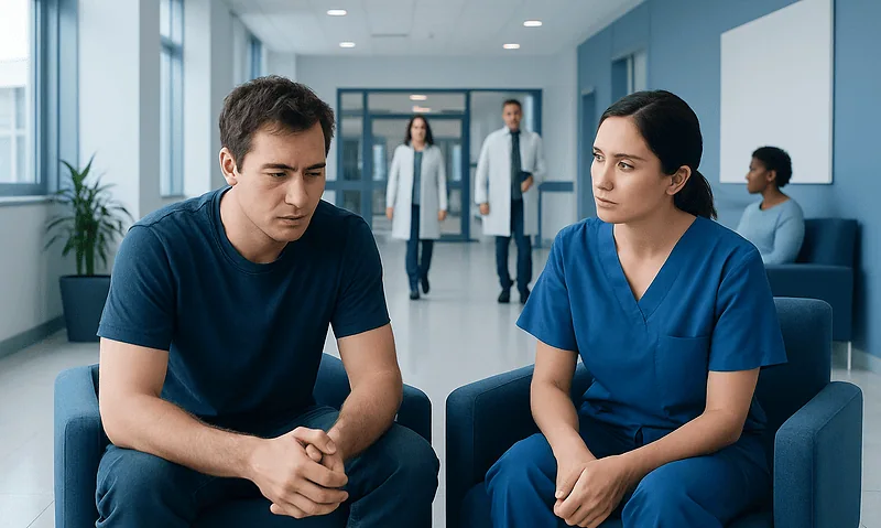 Patient in distress with healthcare professionals in hospital corridor.