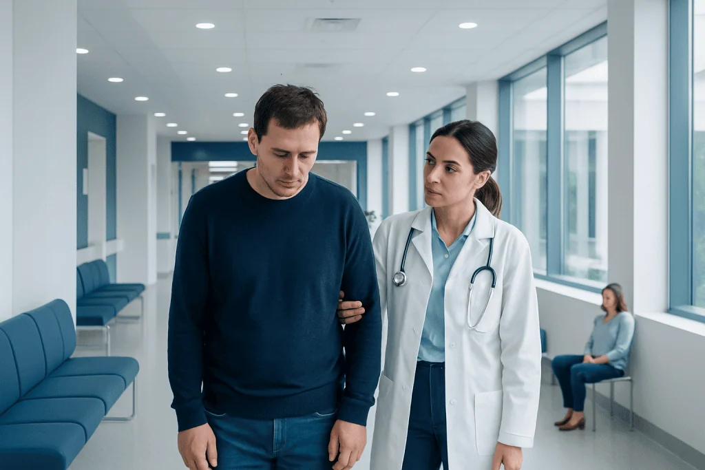Psychomotor Retardation: What Patients Need to Know 1 Doctor comforting a patient in a hospital corridor.