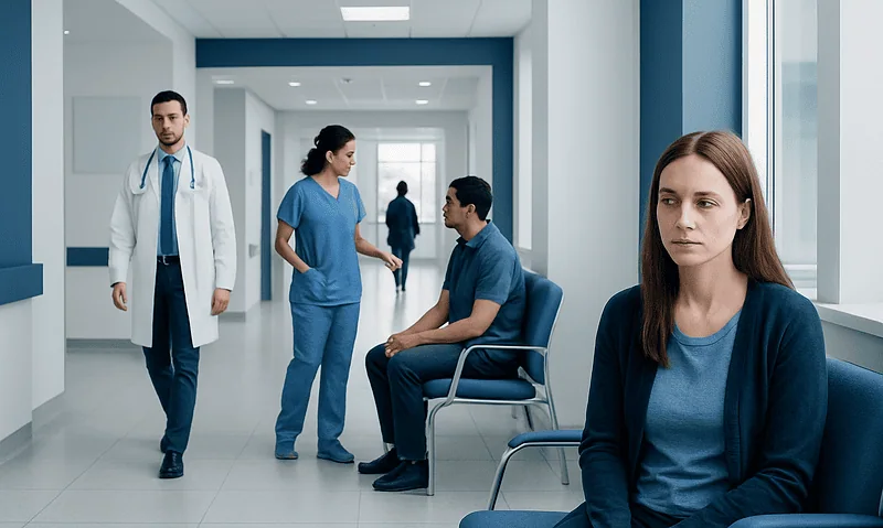 Patients and healthcare professionals in a hospital corridor.