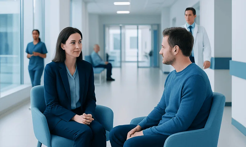 Psychotherapist and patient in a hospital corridor during therapy session.