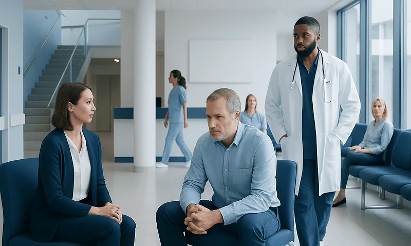 Doctor consulting with patient in hospital waiting area.