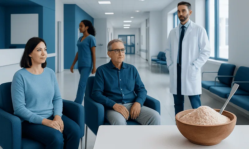 Doctor explaining psyllium husk benefits to patients in hospital setting.