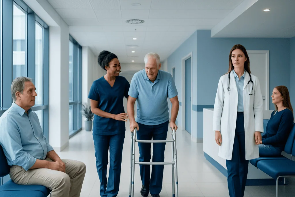 PT Medical Abbreviation — Explained by Medical Evidence, Not Myths 1 Elderly patient with walker in hospital corridor with medical staff and visitors.