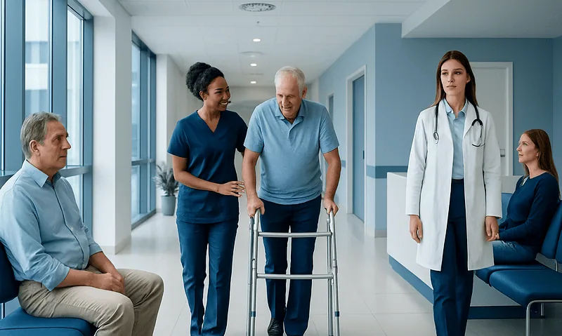 Elderly patient with walker in hospital corridor with medical staff and visitors.