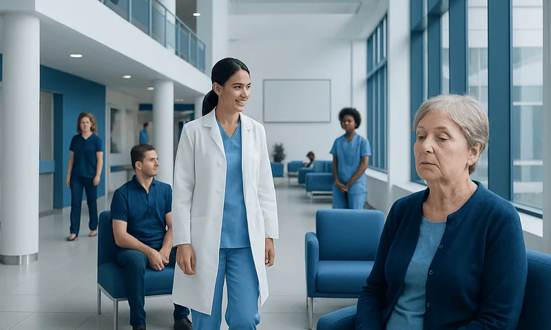 Healthcare professionals consulting in a modern hospital lobby.