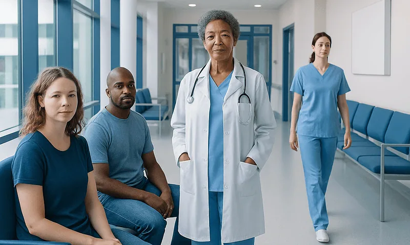 Medical team in hospital corridor with doctor and nurses.
