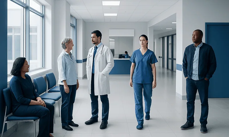 Medical team consulting with patient in hospital corridor.