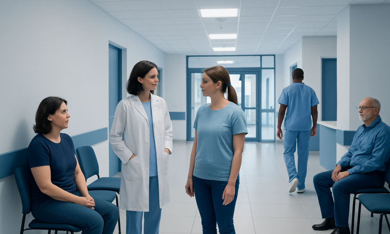 Medical professionals and patients in a hospital corridor at Acibadem Hospitals Group.
