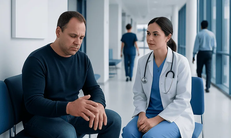 Patient consulting with doctor in hospital corridor.