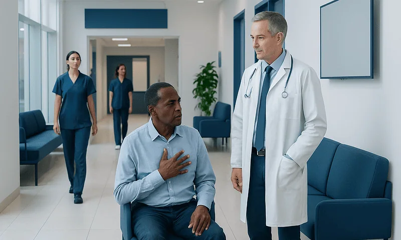 Doctor consulting a patient in a hospital corridor with nurses in the background.