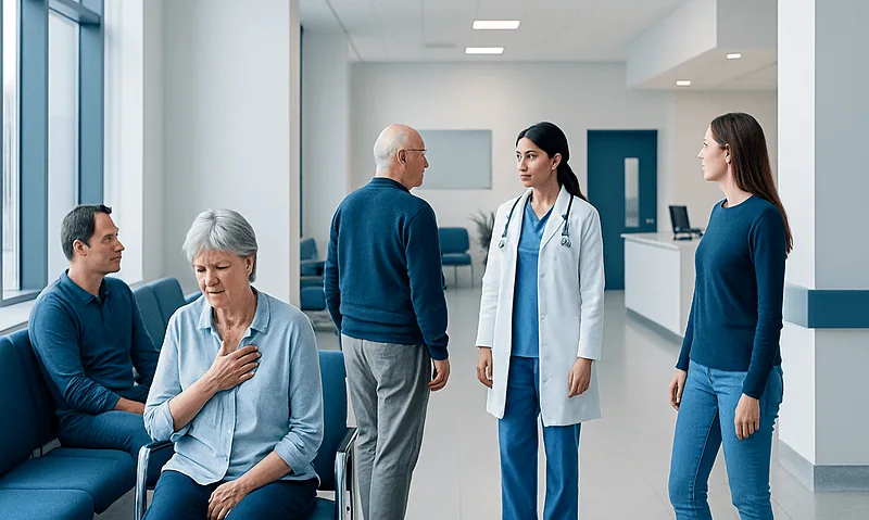 Medical consultation in hospital waiting area with doctor and patients.