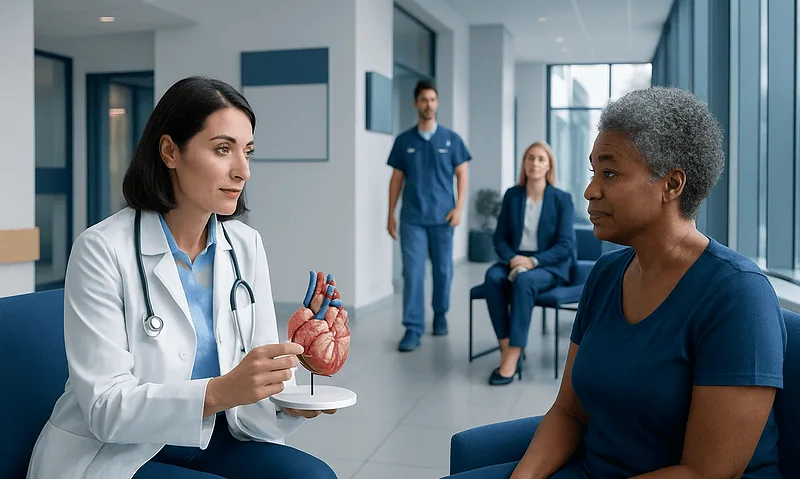 Doctor explaining heart model to patient in hospital corridor.