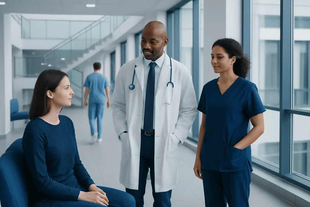 Pulse Points: An Evidence-Based Guide for Patients 1 Medical team discussing patient care in hospital corridor.