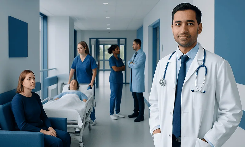 Medical team attending to patients in a hospital corridor at Acibadem Hospitals Group.