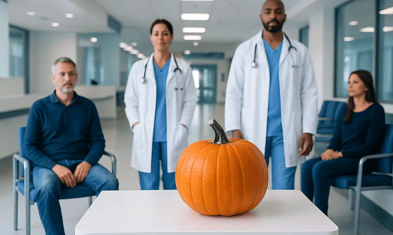 Medical team with a pumpkin in a hospital corridor for health awareness.