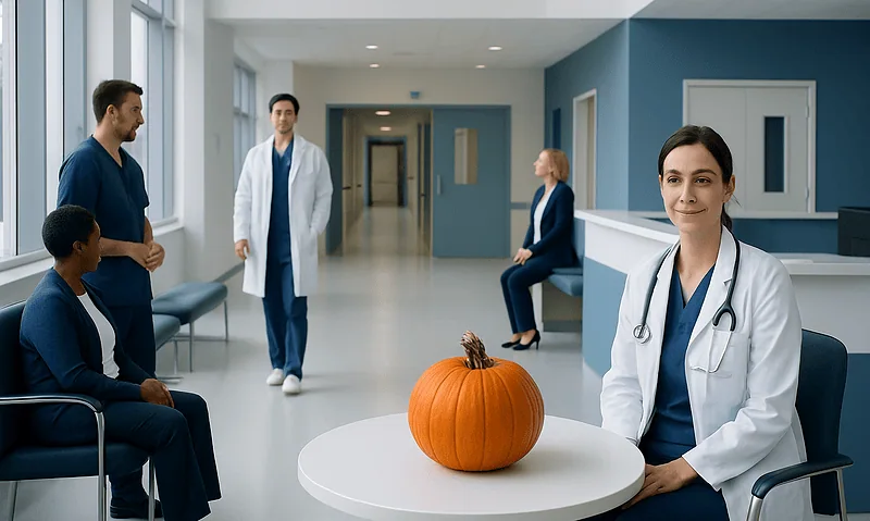 Healthcare professionals in a hospital corridor with a pumpkin on a table.