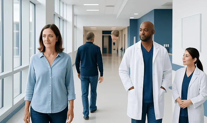 Hospital corridor with medical staff and patients in a modern healthcare facility.