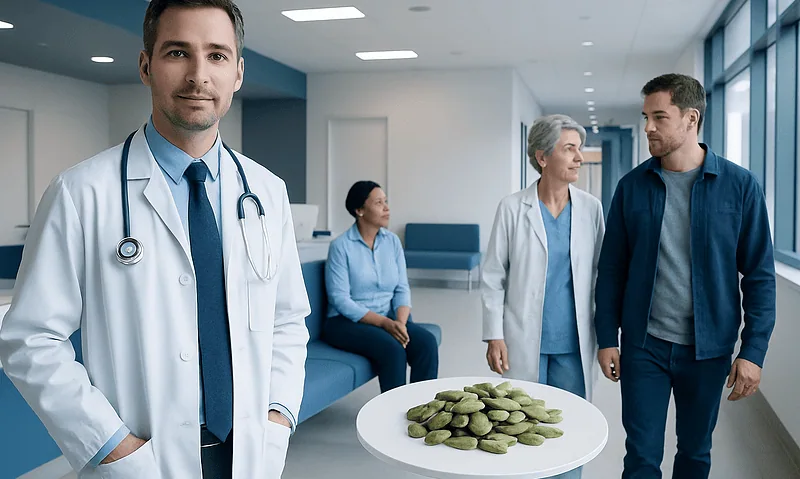 Doctors and patients in a hospital corridor with a plate of pumpkin seeds.