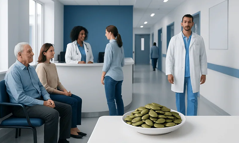Healthcare professionals and patients in a modern hospital corridor with a plate of green pills.