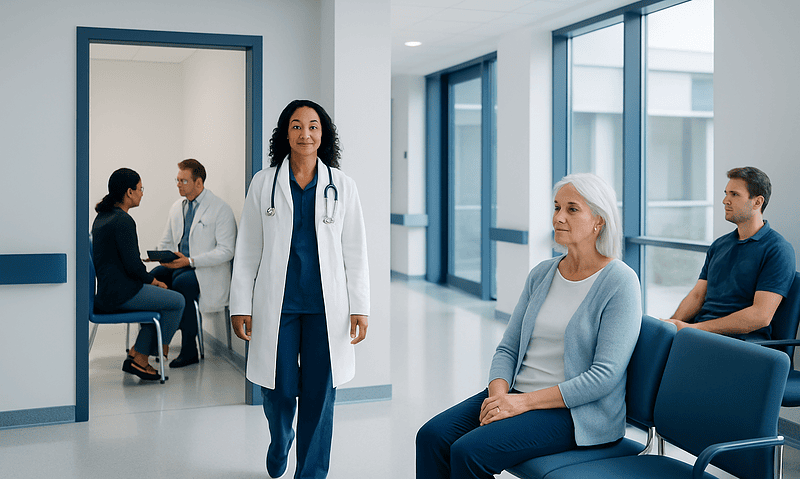 Healthcare professionals and patients in a modern hospital waiting area.