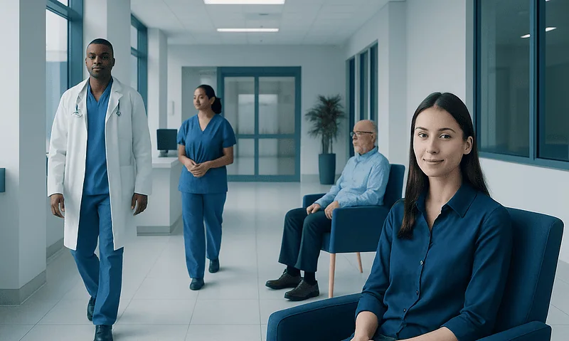 Medical team in hospital corridor with patient in waiting area.
