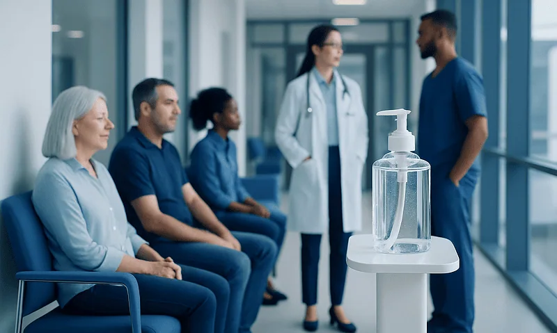 Hospital waiting area with hand sanitizer dispenser and medical staff.