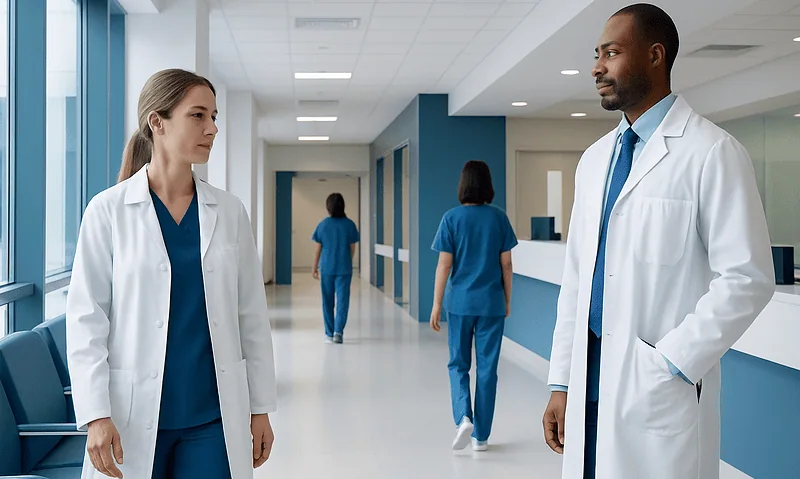 Medical professionals having a discussion in hospital corridor.