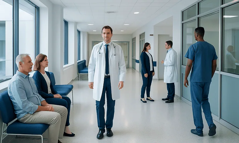 Medical team in hospital corridor with patients and staff.