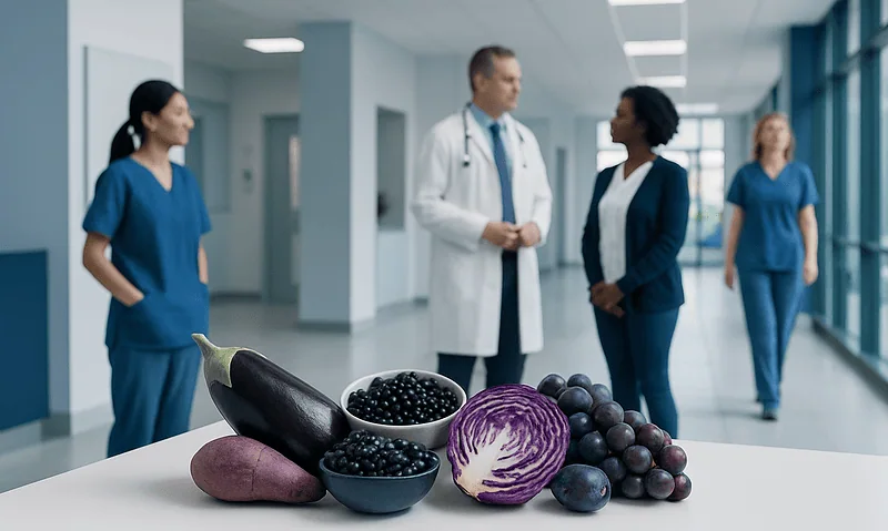 Healthcare professionals discussing with vegetables on a table in hospital corridor.