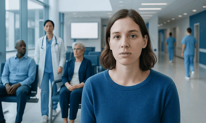 Young woman with purple lips in hospital waiting area with medical staff and patients.