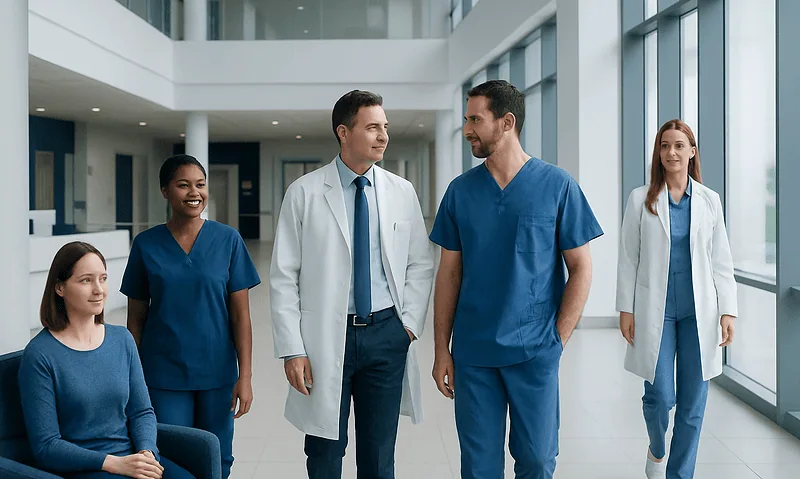 Medical team of doctors and nurses in hospital corridor engaging in discussion.