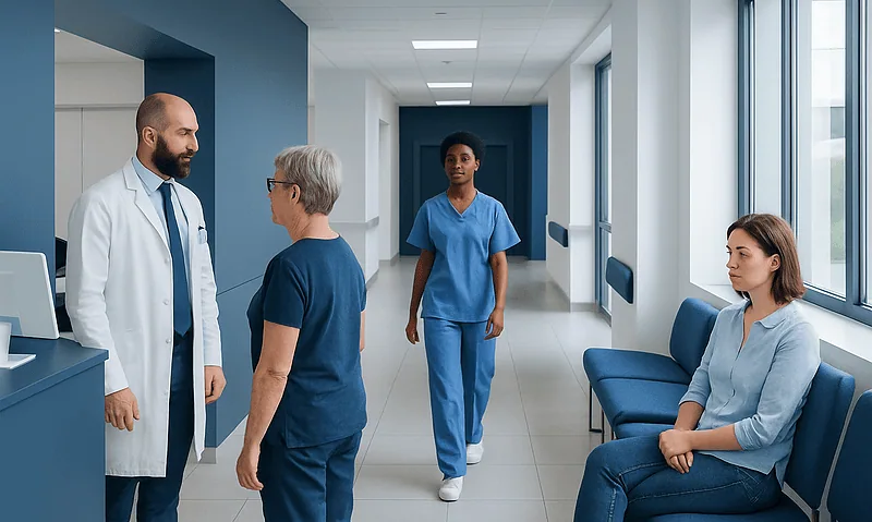Medical staff and patient in hospital corridor at Acibadem Hospitals Group.