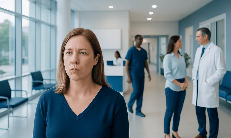 Woman with pursed lips in a hospital corridor with medical staff in background.
