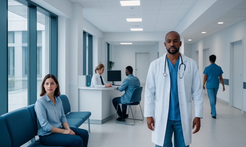 Medical professionals and patients in a modern hospital corridor.