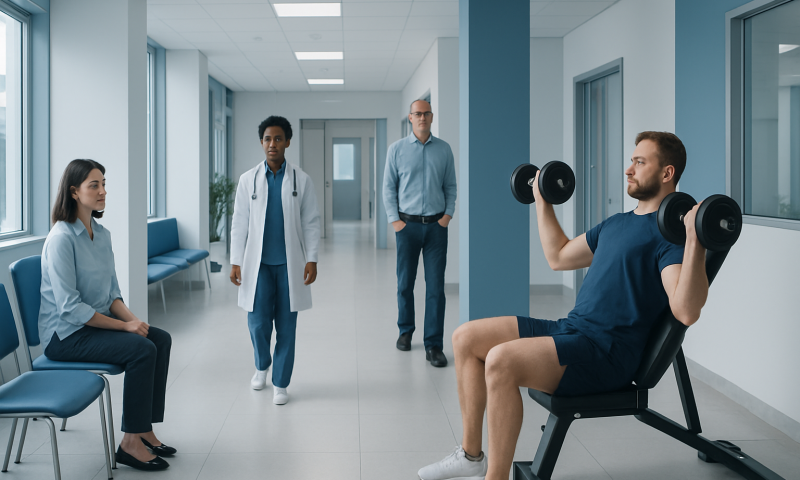 Patient doing shoulder press exercise in hospital corridor with medical staff nearby.