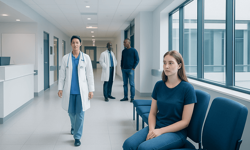 Young woman waiting in hospital corridor with medical staff nearby.
