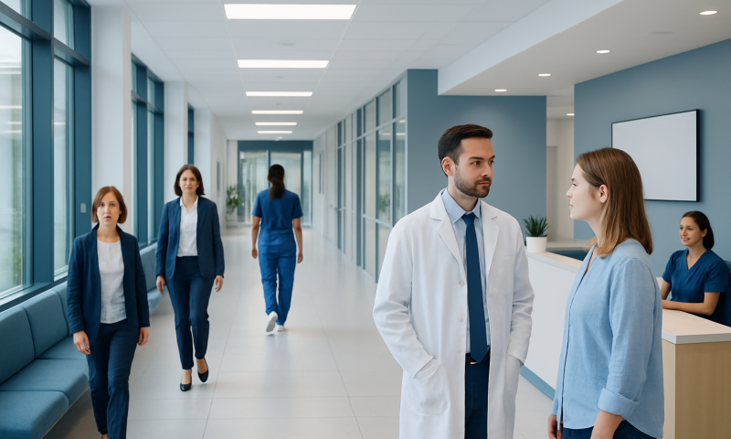 Healthcare professionals and staff in a modern hospital corridor.