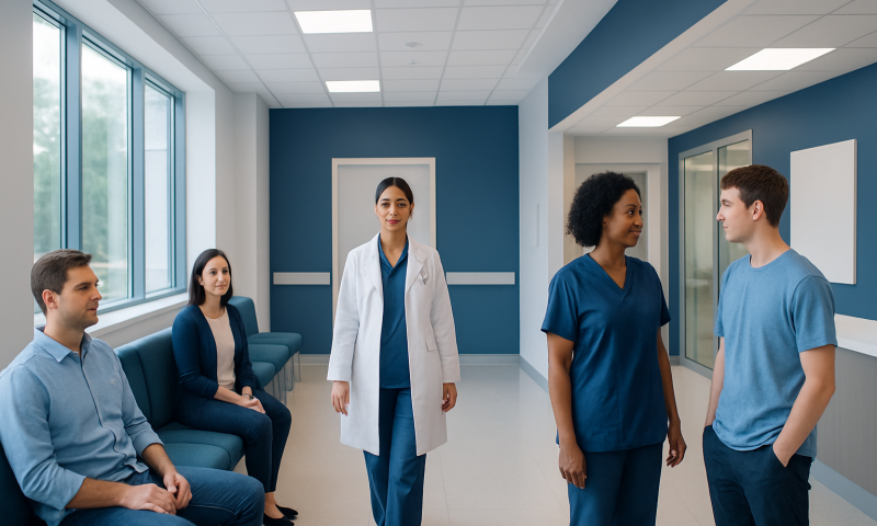 Medical team consulting patients in a hospital corridor.