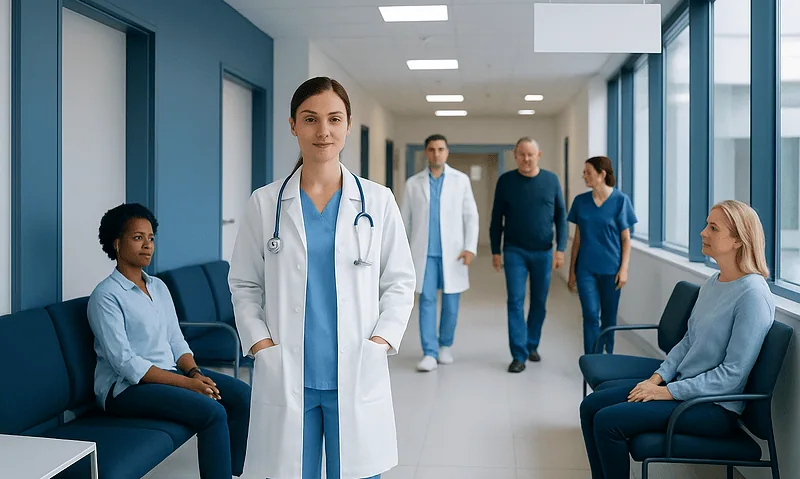 Healthcare professionals and patients in a hospital corridor at Acibadem Hospitals Group.