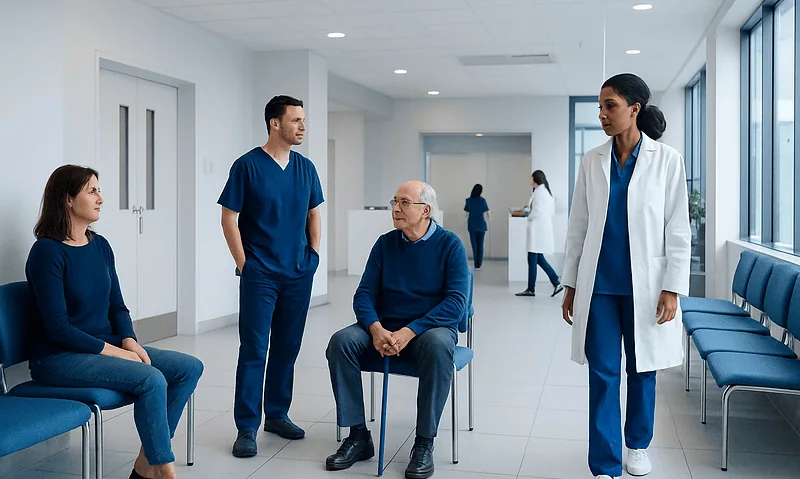 Medical consultation in a hospital corridor with healthcare professionals and patient.